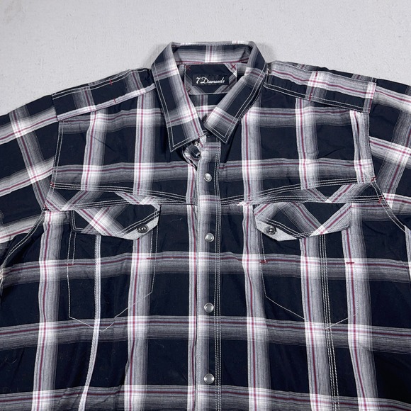 7 Diamonds Shirt Men Large Blue Plaid Short Sleeve Snap Button Western Casual - Picture 2 of 8